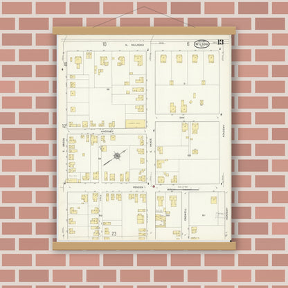 Old map wall art mockup — magnetic wood frame on brick wall — Sanborn Fire Insurance Map from Wilson, Wilson County, North Carolina (1913), Sheet #0013