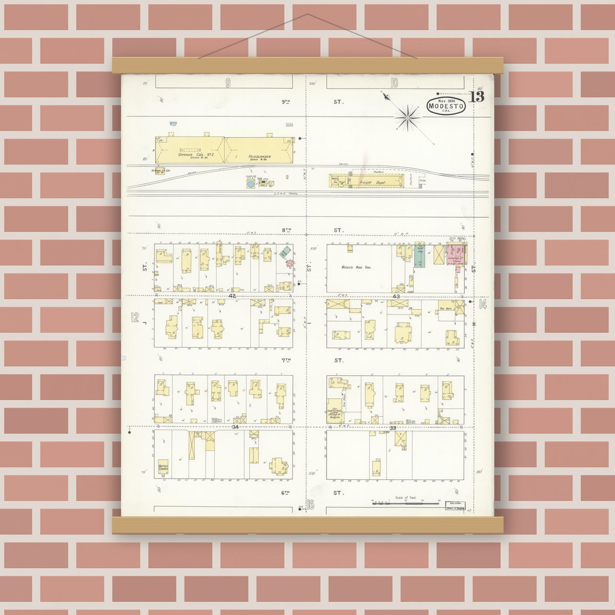 Old map wall art mockup — magnetic wood frame on brick wall — Sanborn Fire Insurance Map from Modesto, Stanislaus County, California (1894), Sheet #0013