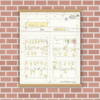 Old map wall art mockup — magnetic wood frame on brick wall — Sanborn Fire Insurance Map from Modesto, Stanislaus County, California (1894), Sheet #0013