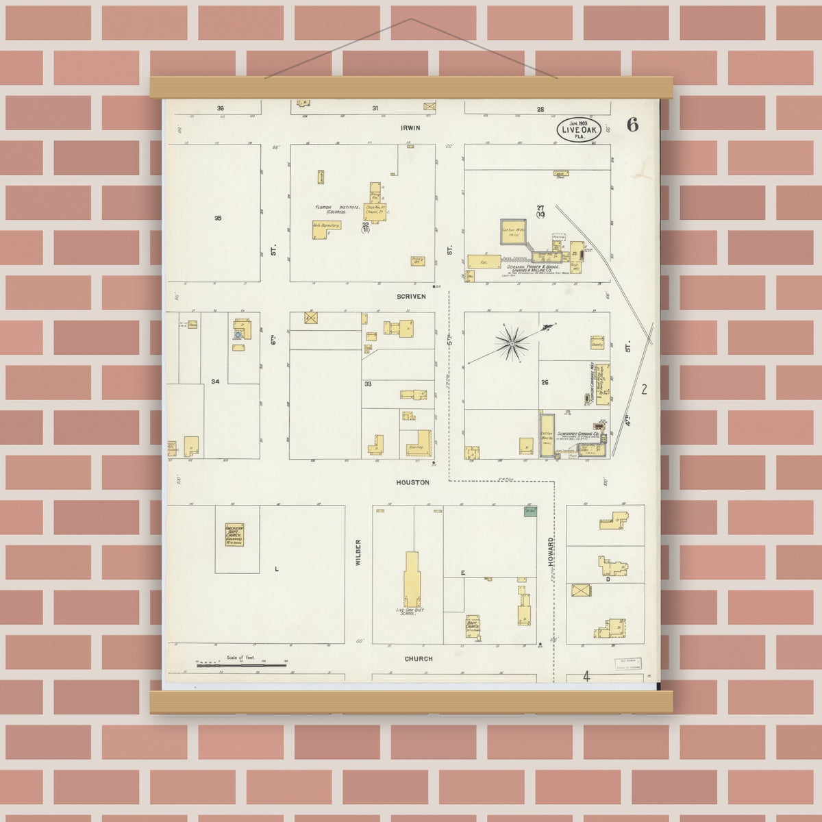 Old map wall art mockup — magnetic wood frame on brick wall — Sanborn Fire Insurance Map from Live Oak, Suwanee County, Florida (1903), Sheet #0006