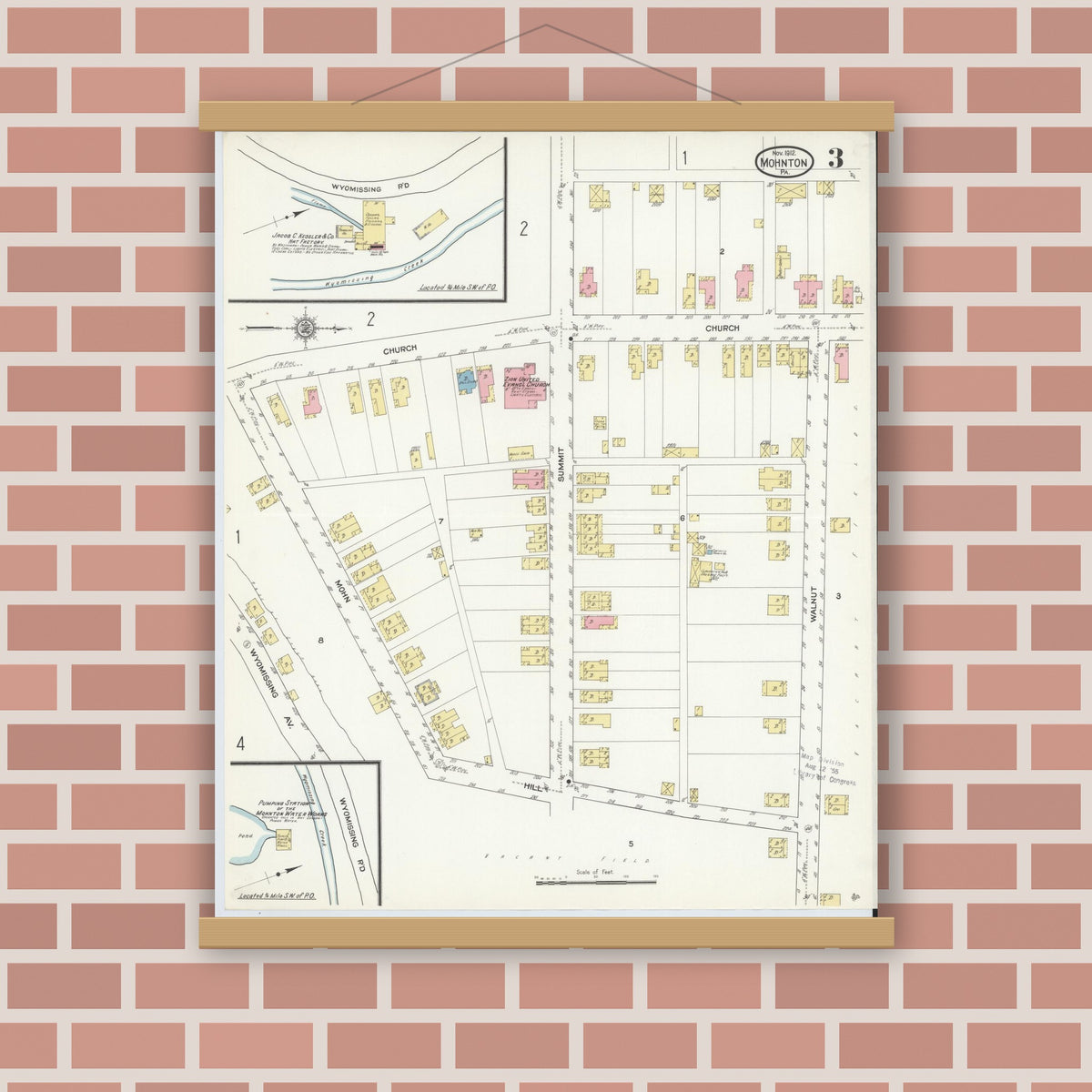 Old map wall art mockup — magnetic wood frame on brick wall — Sanborn Fire Insurance Map from Mohnton, Berks County, Pennsylvania (1912), Sheet #0003
