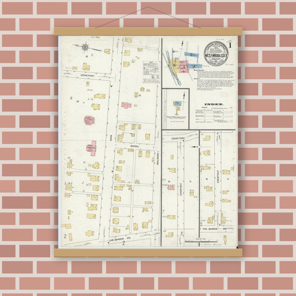 Old map wall art mockup — magnetic wood frame on brick wall — Sanborn Fire Insurance Map from West Middlesex, Mercer County, Pennsylvania (1912), Sheet #0001