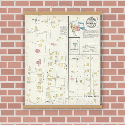 Old map wall art mockup — magnetic wood frame on brick wall — Sanborn Fire Insurance Map from West Middlesex, Mercer County, Pennsylvania (1912), Sheet #0001