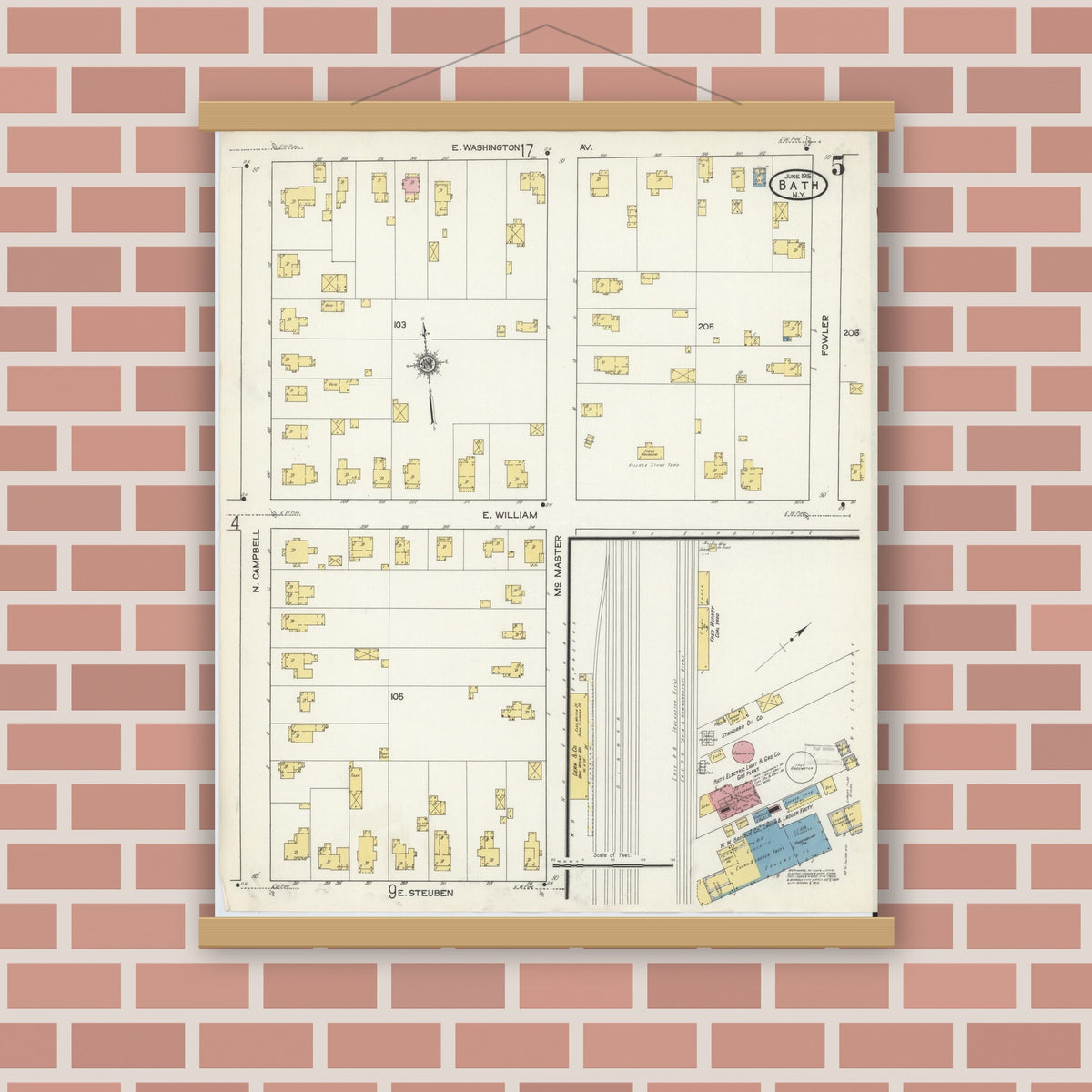 Old map wall art mockup — magnetic wood frame on brick wall — Sanborn Fire Insurance Map from Bath, Steuben County, New York (1915), Sheet #0005
