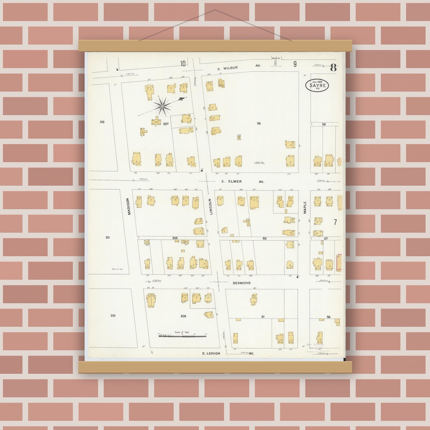 Old map wall art mockup — magnetic wood frame on brick wall — Sanborn Fire Insurance Map from Sayre, Bradford County, Pennsylvania (1909), Sheet #0008