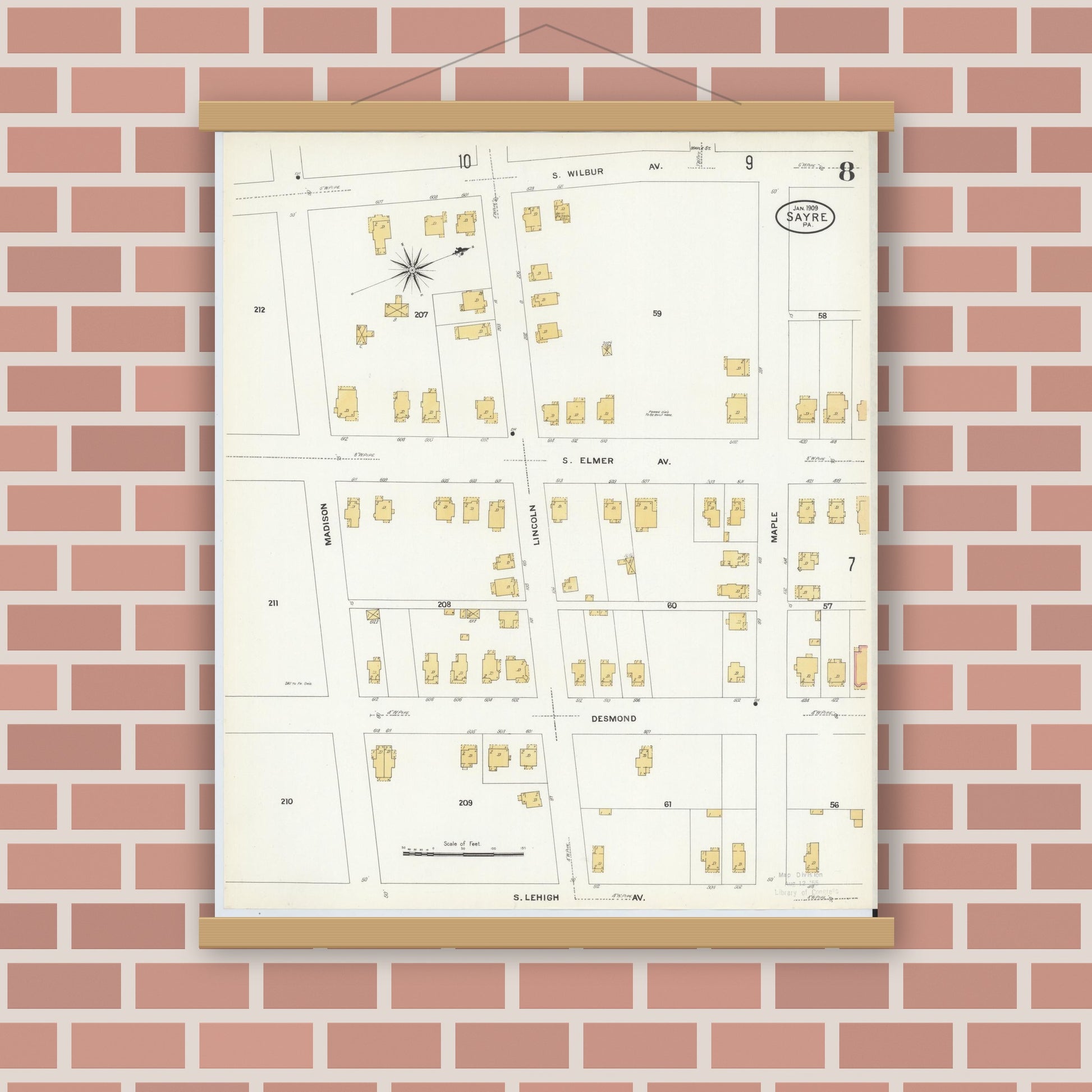Old map wall art mockup — magnetic wood frame on brick wall — Sanborn Fire Insurance Map from Sayre, Bradford County, Pennsylvania (1909), Sheet #0008