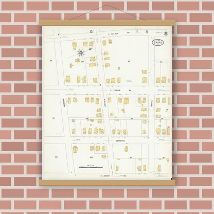 Old map wall art mockup — magnetic wood frame on brick wall — Sanborn Fire Insurance Map from Sayre, Bradford County, Pennsylvania (1909), Sheet #0008