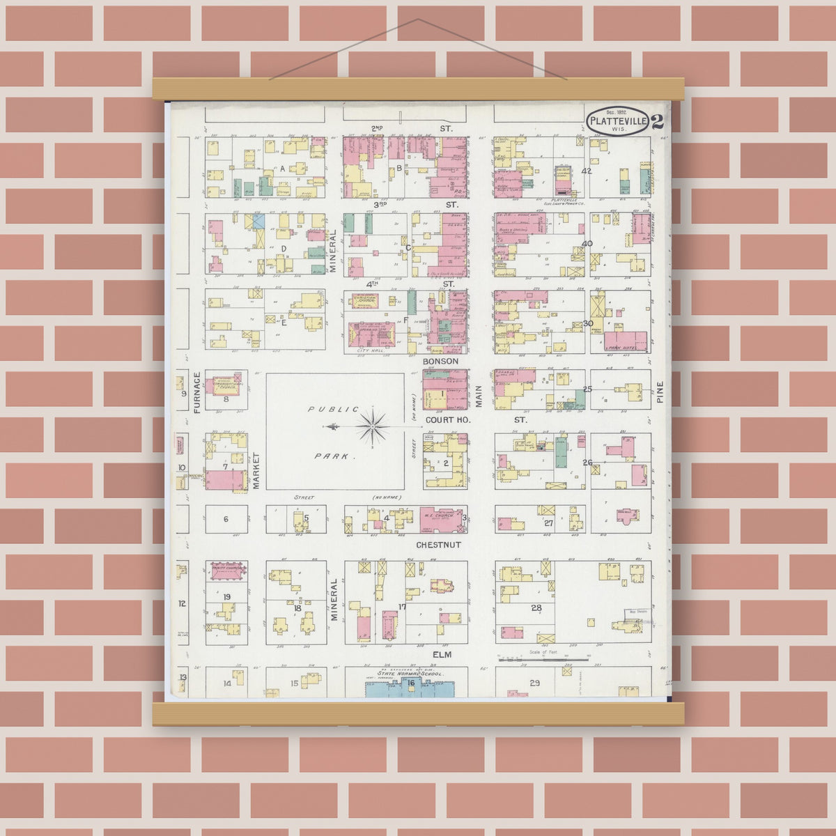 Old map wall art mockup — magnetic wood frame on brick wall — Sanborn Fire Insurance Map from Platteville, Grant County, Wisconsin (1892), Sheet #0002