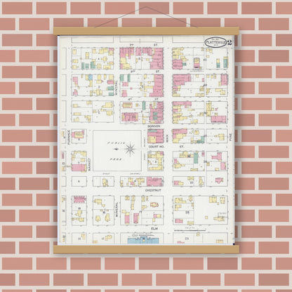 Old map wall art mockup — magnetic wood frame on brick wall — Sanborn Fire Insurance Map from Platteville, Grant County, Wisconsin (1892), Sheet #0002