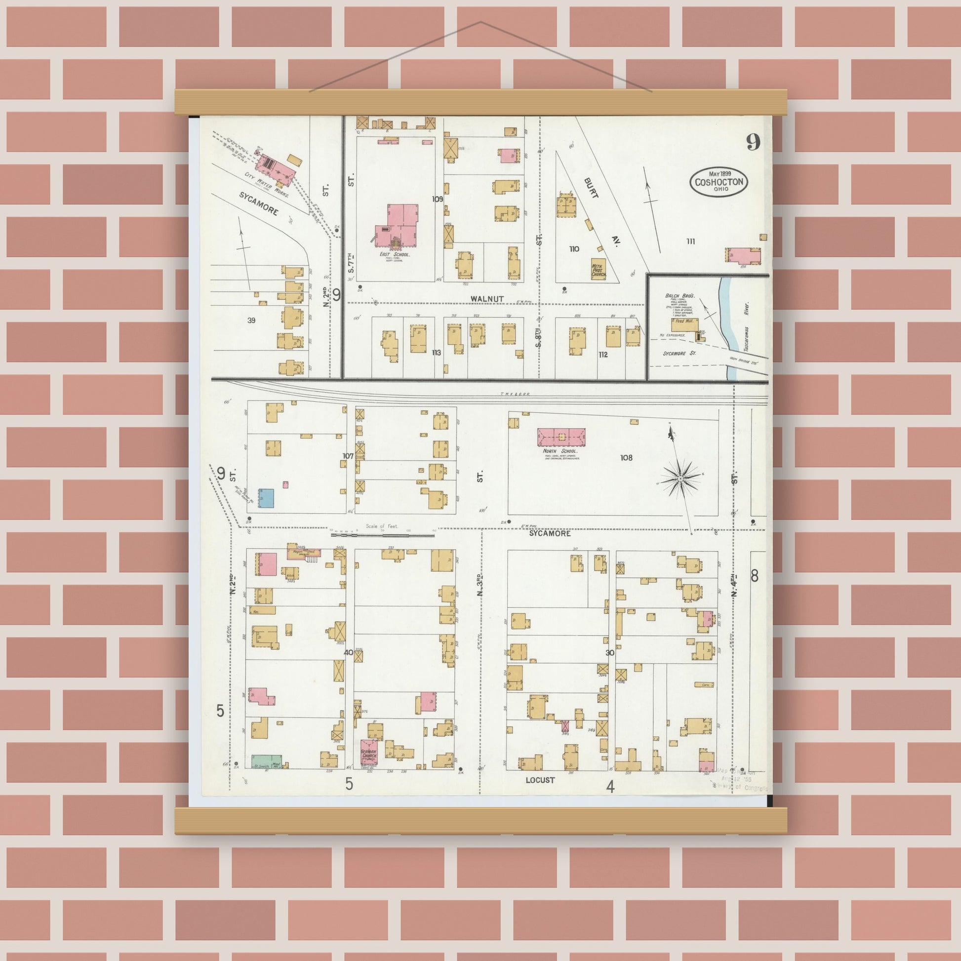 Old map wall art mockup — magnetic wood frame on brick wall — Sanborn Fire Insurance Map from Coshocton, Coshocton County, Ohio (1899), Sheet #0009