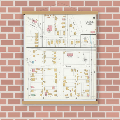 Old map wall art mockup — magnetic wood frame on brick wall — Sanborn Fire Insurance Map from Coshocton, Coshocton County, Ohio (1899), Sheet #0009