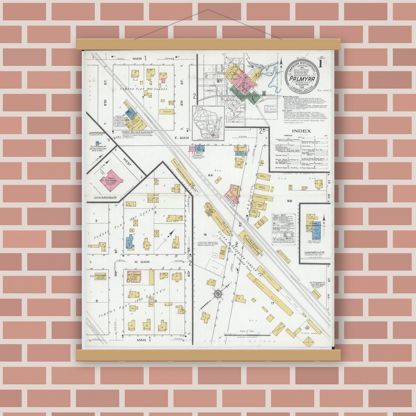 Old map wall art mockup — magnetic wood frame on brick wall — Sanborn Fire Insurance Map from Palmyra, Jefferson County, Wisconsin (1919), Sheet #0001