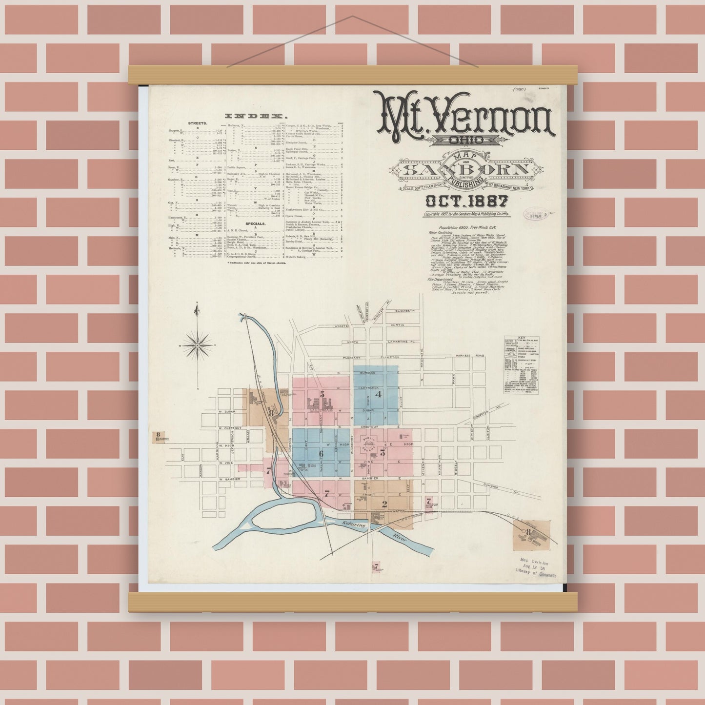 Old map wall art mockup — magnetic wood frame on brick wall — Sanborn Fire Insurance Map from Mount Vernon, Knox County, Ohio (1887) - Complete Map Set