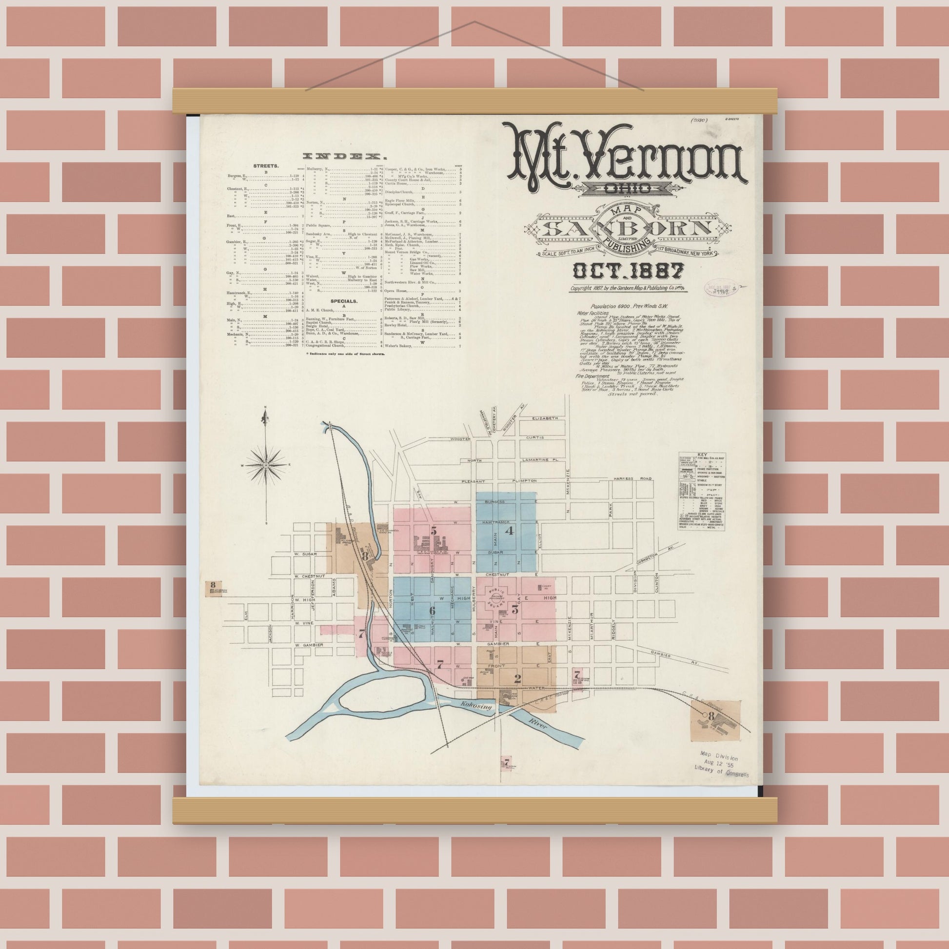 Old map wall art mockup — magnetic wood frame on brick wall — Sanborn Fire Insurance Map from Mount Vernon, Knox County, Ohio (1887) - Complete Map Set