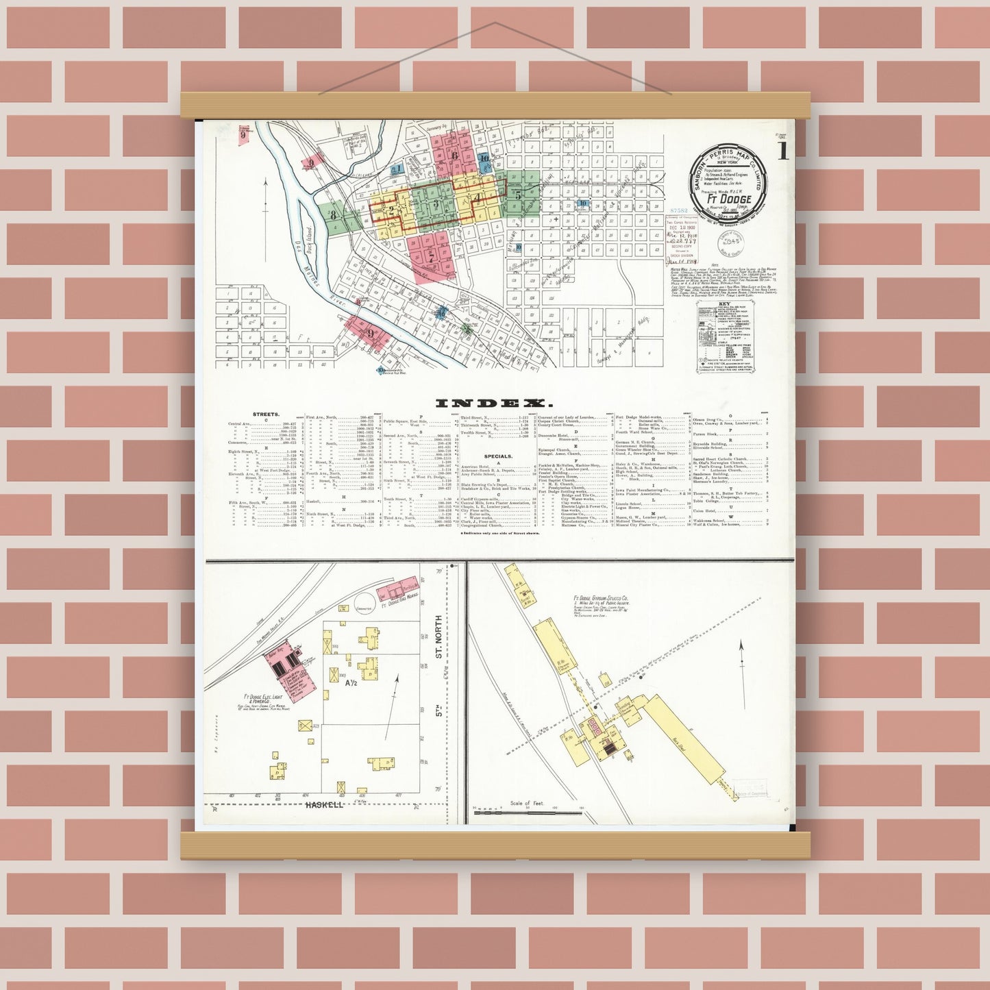 Old map wall art mockup — magnetic wood frame on brick wall — Sanborn Fire Insurance Map from Fort Dodge, Webster County, Iowa (1900) â€” Complete Set