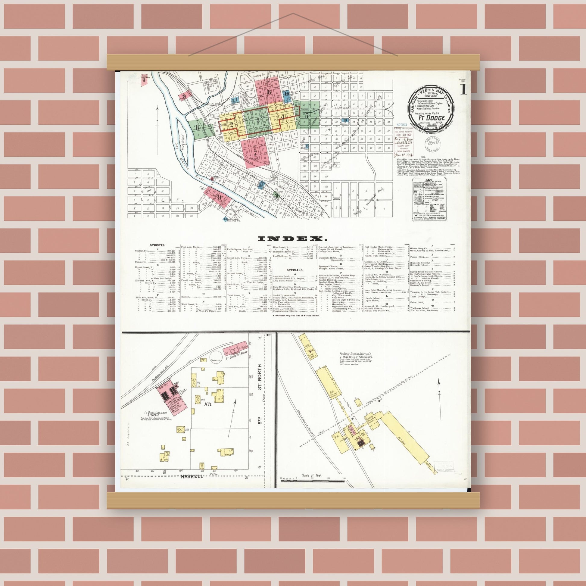 Old map wall art mockup — magnetic wood frame on brick wall — Sanborn Fire Insurance Map from Fort Dodge, Webster County, Iowa (1900) â€” Complete Set