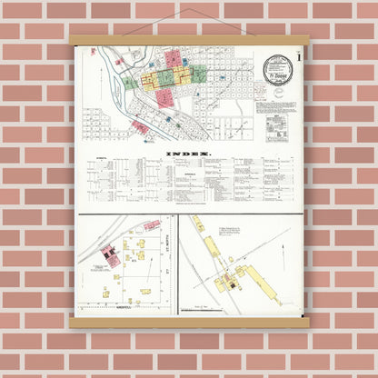Old map wall art mockup — magnetic wood frame on brick wall — Sanborn Fire Insurance Map from Fort Dodge, Webster County, Iowa (1900) â€” Complete Set