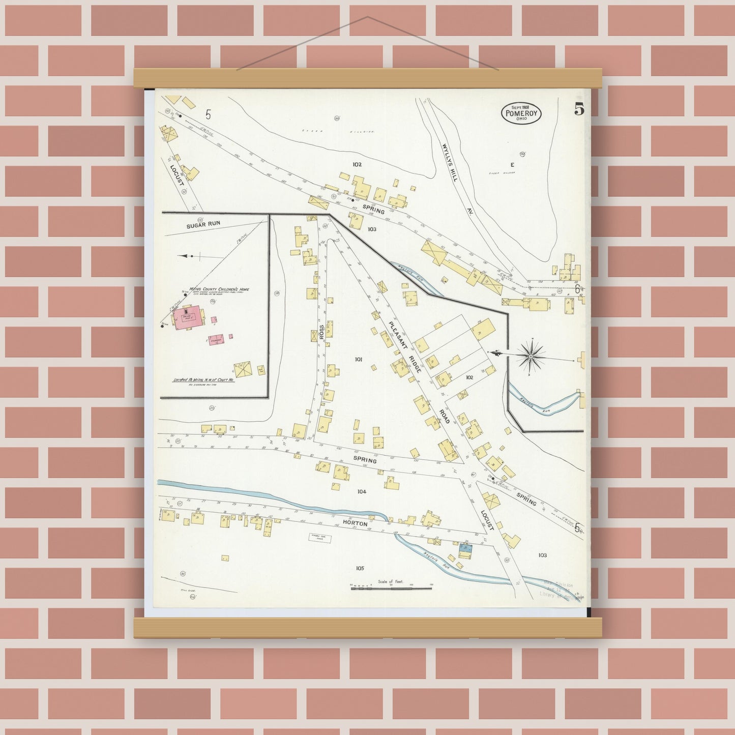 Old map wall art mockup — magnetic wood frame on brick wall — Sanborn Fire Insurance Map from Pomeroy, Meigs County, Ohio (1908), Sheet #0005