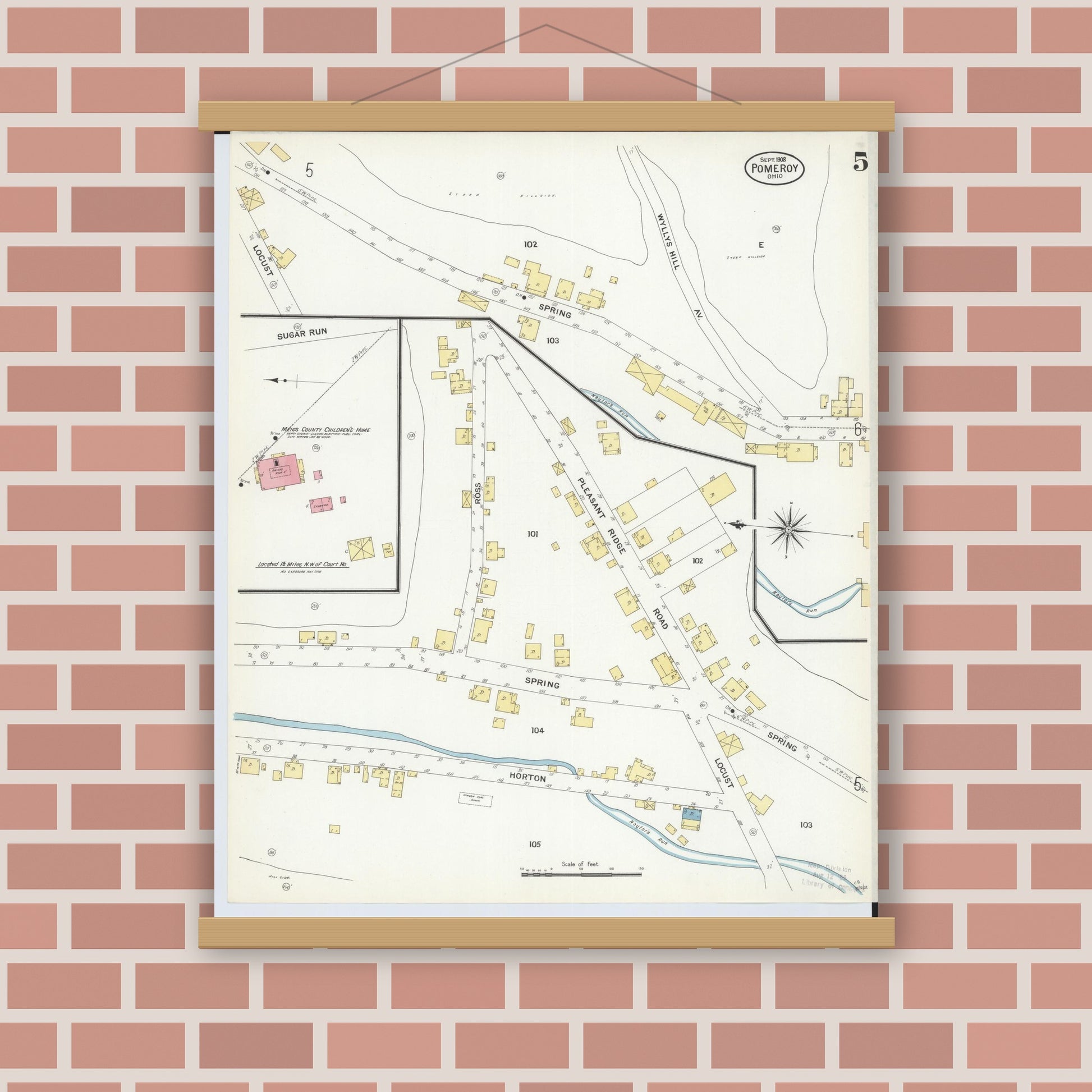 Old map wall art mockup — magnetic wood frame on brick wall — Sanborn Fire Insurance Map from Pomeroy, Meigs County, Ohio (1908), Sheet #0005