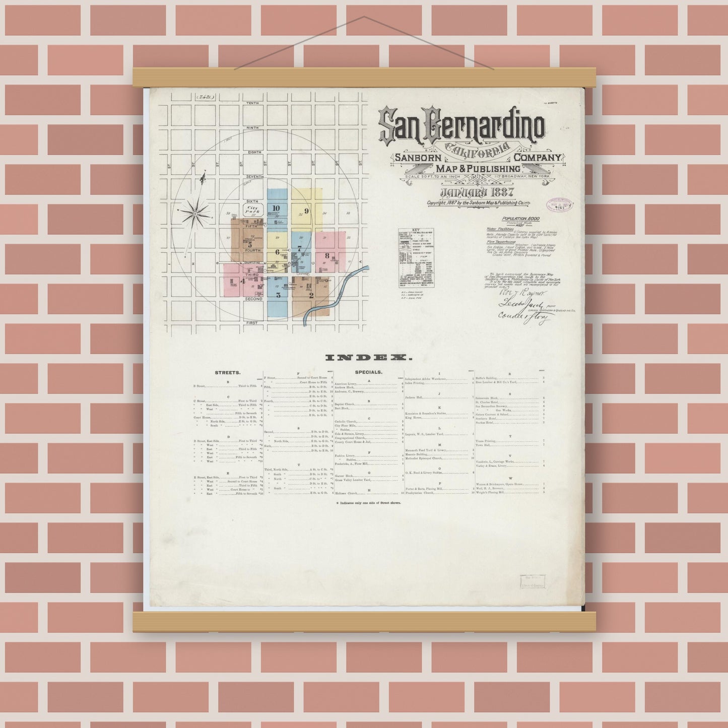 Old map wall art mockup — magnetic wood frame on brick wall — Sanborn Fire Insurance Map from San Bernardino, San Bernardino County, California (1887) - Complete Map Set
