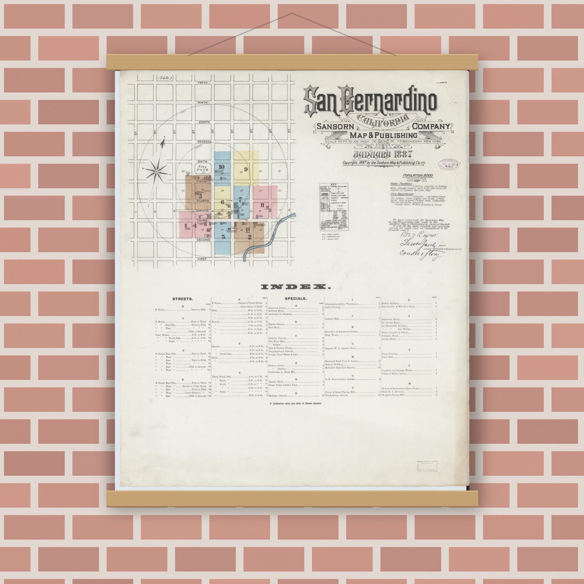 Old map wall art mockup — magnetic wood frame on brick wall — Sanborn Fire Insurance Map from San Bernardino, San Bernardino County, California (1887) - Complete Map Set