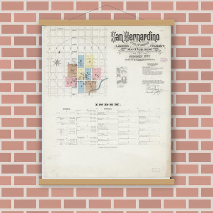 Old map wall art mockup — magnetic wood frame on brick wall — Sanborn Fire Insurance Map from San Bernardino, San Bernardino County, California (1887) - Complete Map Set