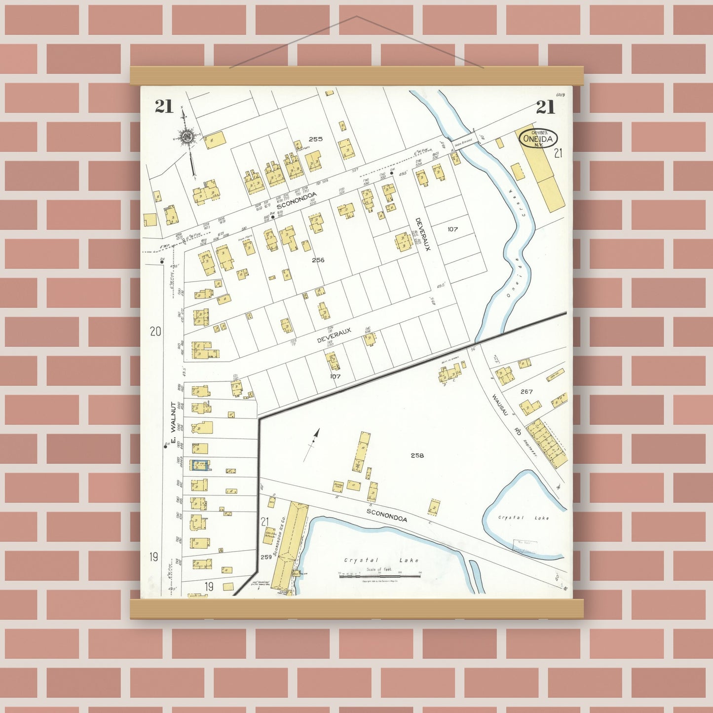 Old map wall art mockup — magnetic wood frame on brick wall — Sanborn Fire Insurance Map from Oneida, Madison County, New York (1923), Sheet #0021