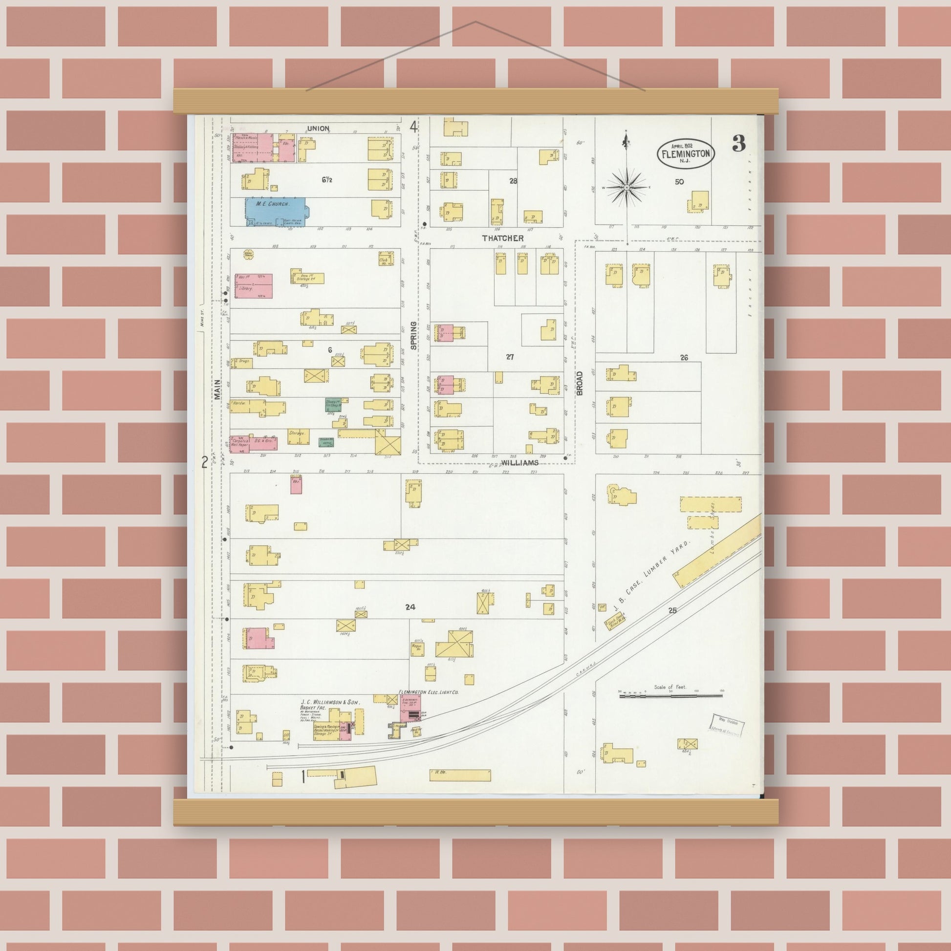 Old map wall art mockup — magnetic wood frame on brick wall — Sanborn Fire Insurance Map from Flemington, Hunterdon County, New Jersey (1902), Sheet #0003