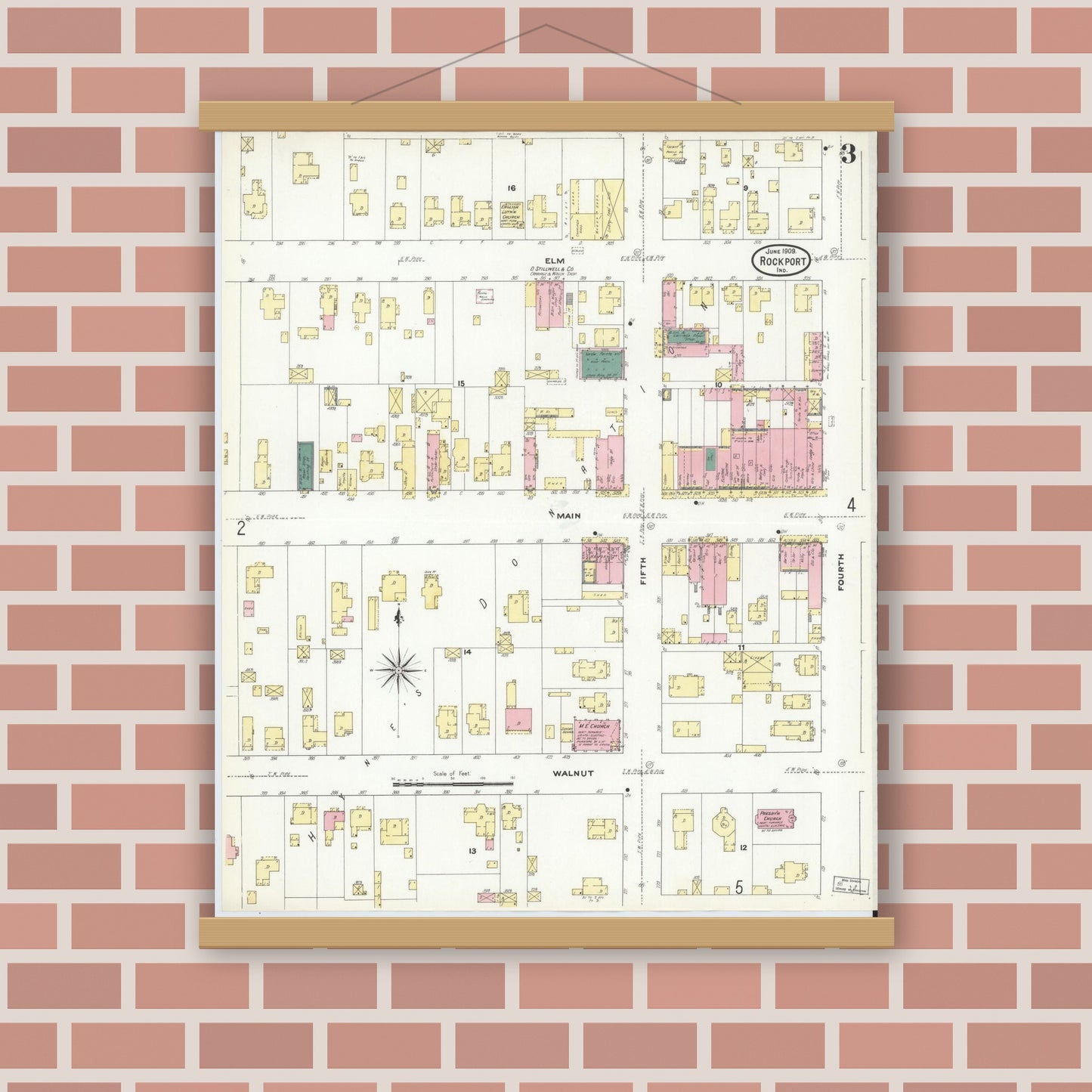 Old map wall art mockup — magnetic wood frame on brick wall — Sanborn Fire Insurance Map from Rockport, Spencer County, Indiana (1909), Sheet #0003