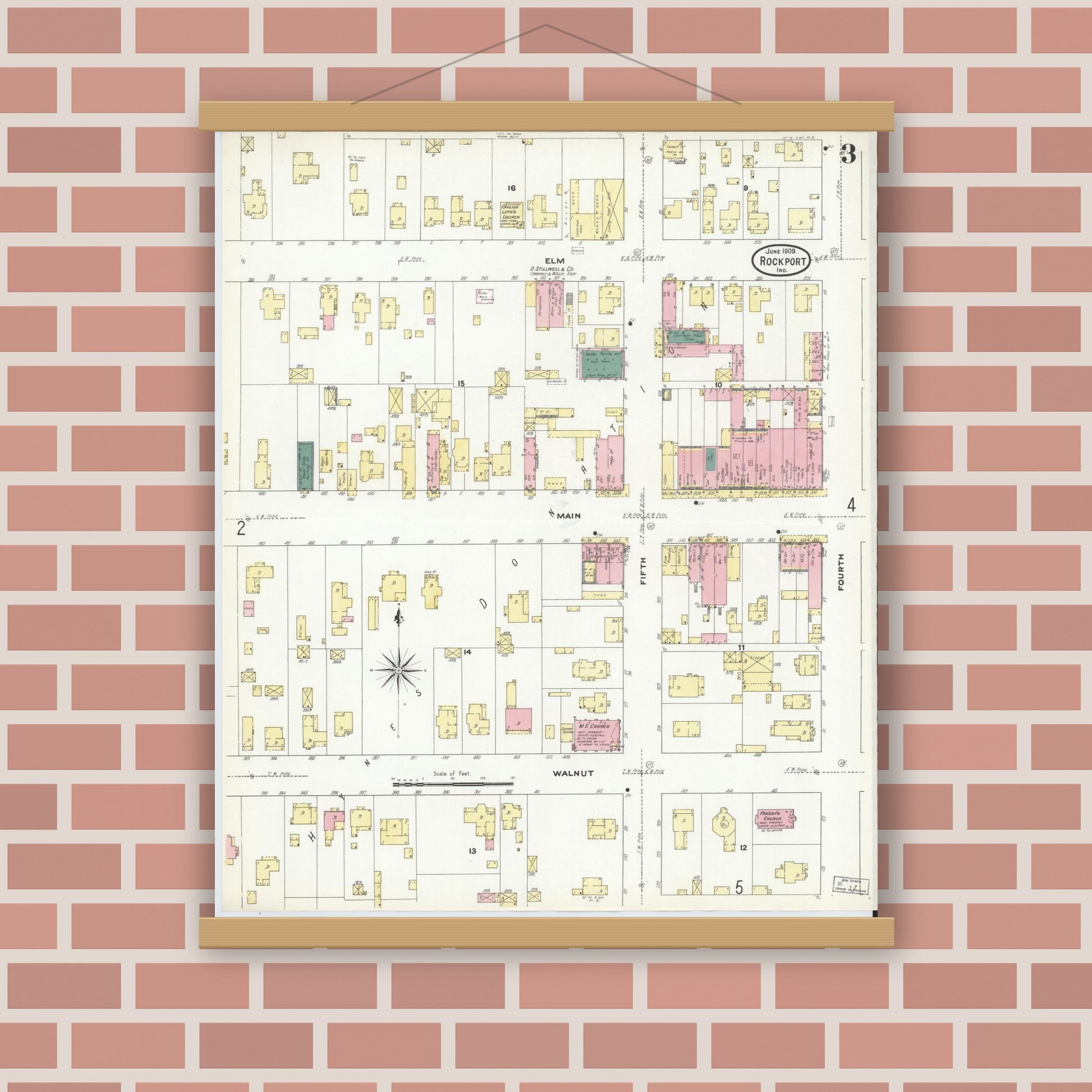 Old map wall art mockup — magnetic wood frame on brick wall — Sanborn Fire Insurance Map from Rockport, Spencer County, Indiana (1909), Sheet #0003