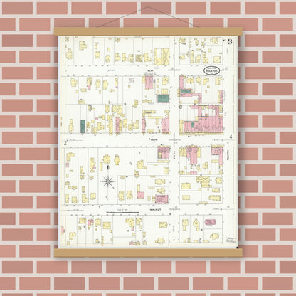 Old map wall art mockup — magnetic wood frame on brick wall — Sanborn Fire Insurance Map from Rockport, Spencer County, Indiana (1909), Sheet #0003