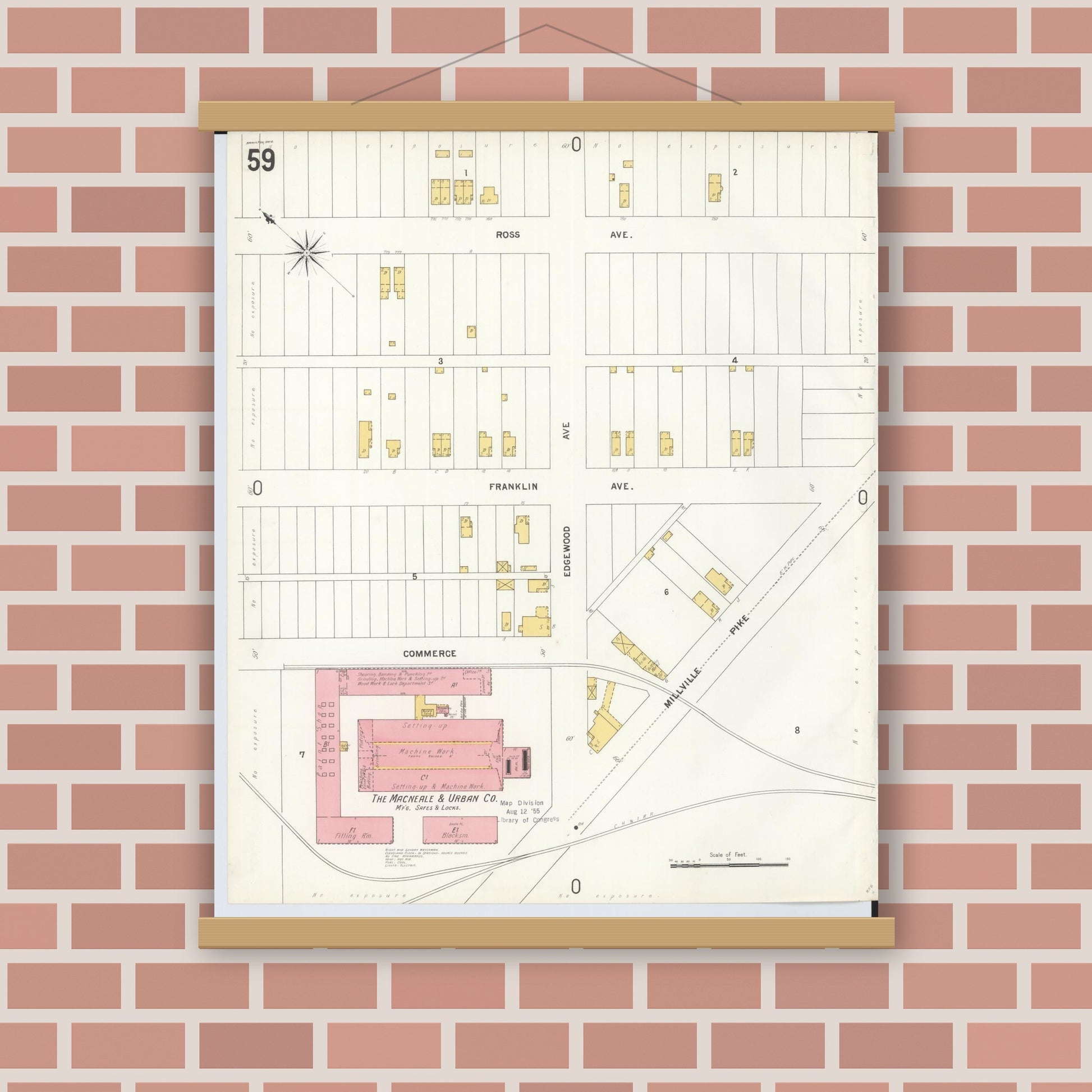 Old map wall art mockup — magnetic wood frame on brick wall — Sanborn Fire Insurance Map from Hamilton, Butler County, Ohio (1899), Sheet #0059