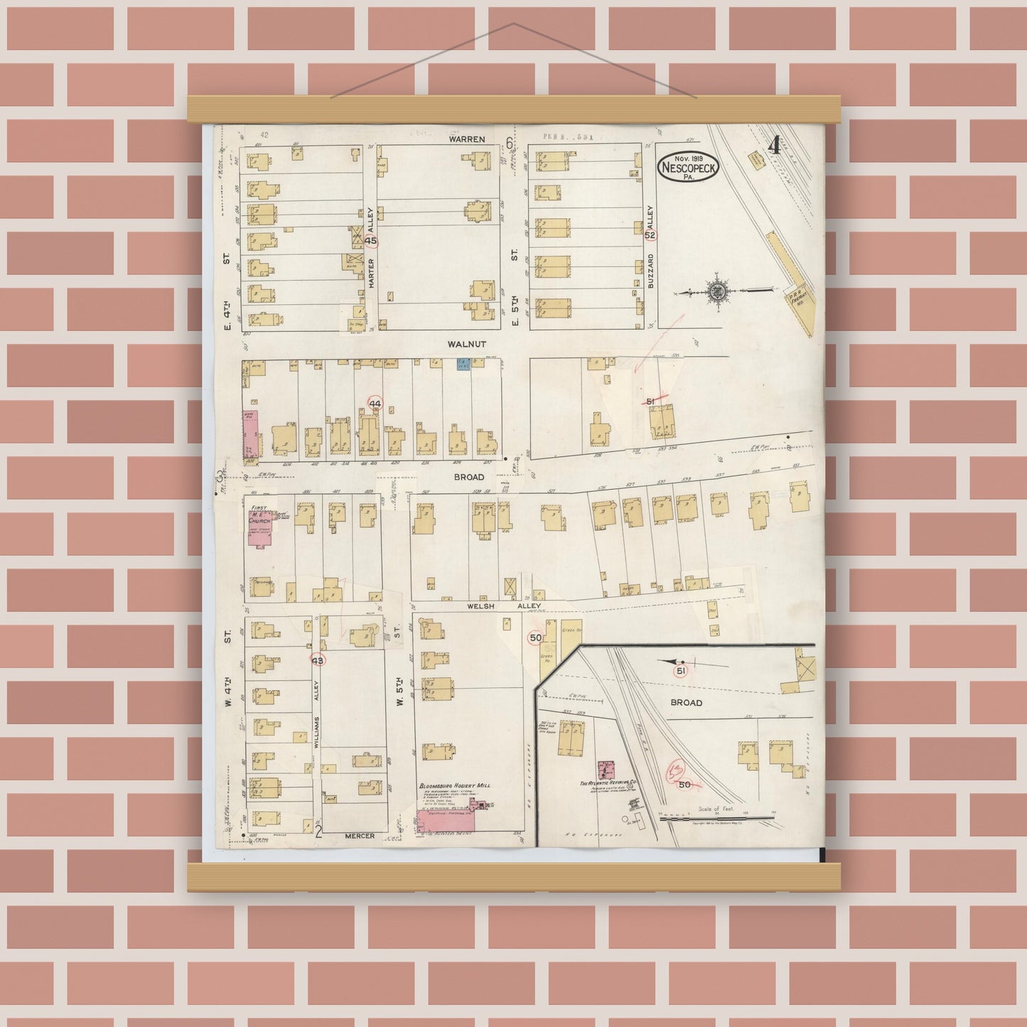 Old map wall art mockup — magnetic wood frame on brick wall — Sanborn Fire Insurance Map from Nescopeck, Luzerne County, Pennsylvania (1936), Sheet #0004