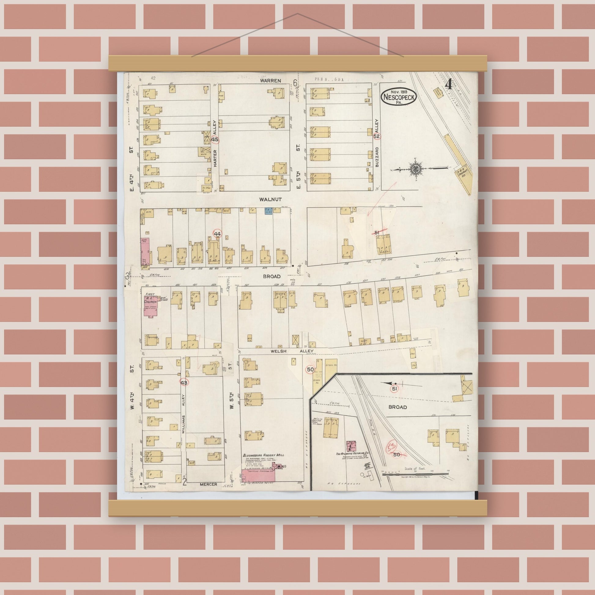 Old map wall art mockup — magnetic wood frame on brick wall — Sanborn Fire Insurance Map from Nescopeck, Luzerne County, Pennsylvania (1936), Sheet #0004