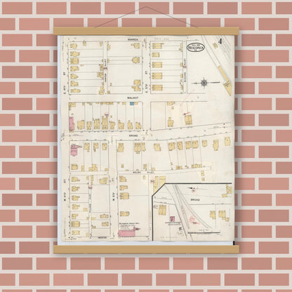Old map wall art mockup — magnetic wood frame on brick wall — Sanborn Fire Insurance Map from Nescopeck, Luzerne County, Pennsylvania (1936), Sheet #0004