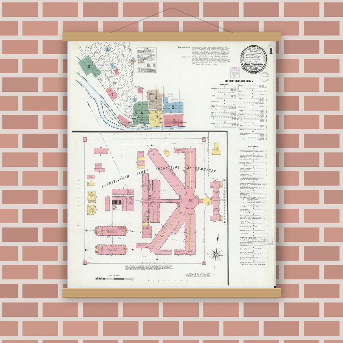 Old map wall art mockup — magnetic wood frame on brick wall — Sanborn Fire Insurance Map from Huntingdon, Huntingdon County, Pennsylvania (1901), Sheet #0001