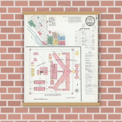 Old map wall art mockup — magnetic wood frame on brick wall — Sanborn Fire Insurance Map from Huntingdon, Huntingdon County, Pennsylvania (1901), Sheet #0001