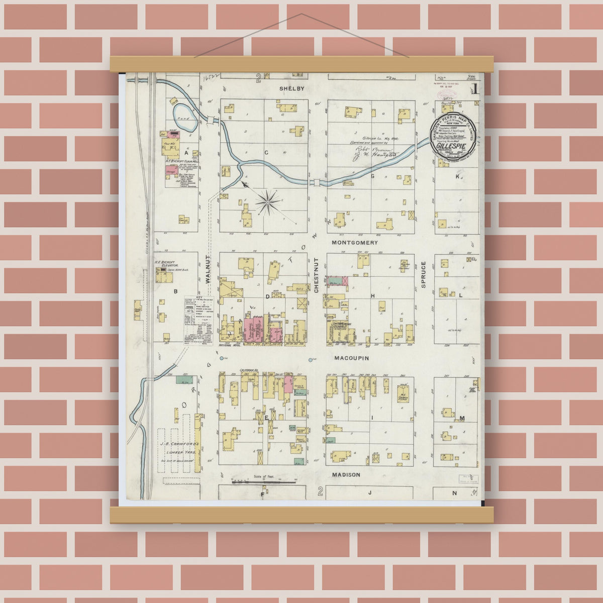 Old map wall art mockup — magnetic wood frame on brick wall — Sanborn Fire Insurance Map from Gillespie, Macoupin County, Illinois (1894) - Complete Map Set
