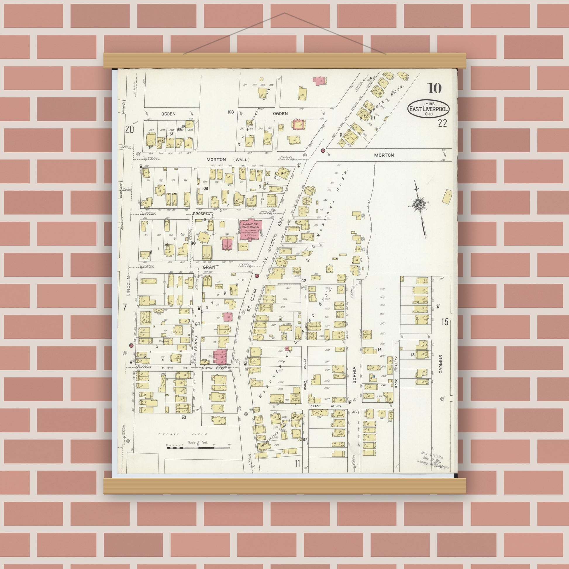 Old map wall art mockup — magnetic wood frame on brick wall — Sanborn Fire Insurance Map from East Liverpool, Columbiana County, Ohio (1913), Sheet #0010