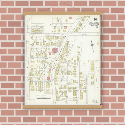 Old map wall art mockup — magnetic wood frame on brick wall — Sanborn Fire Insurance Map from East Liverpool, Columbiana County, Ohio (1913), Sheet #0010