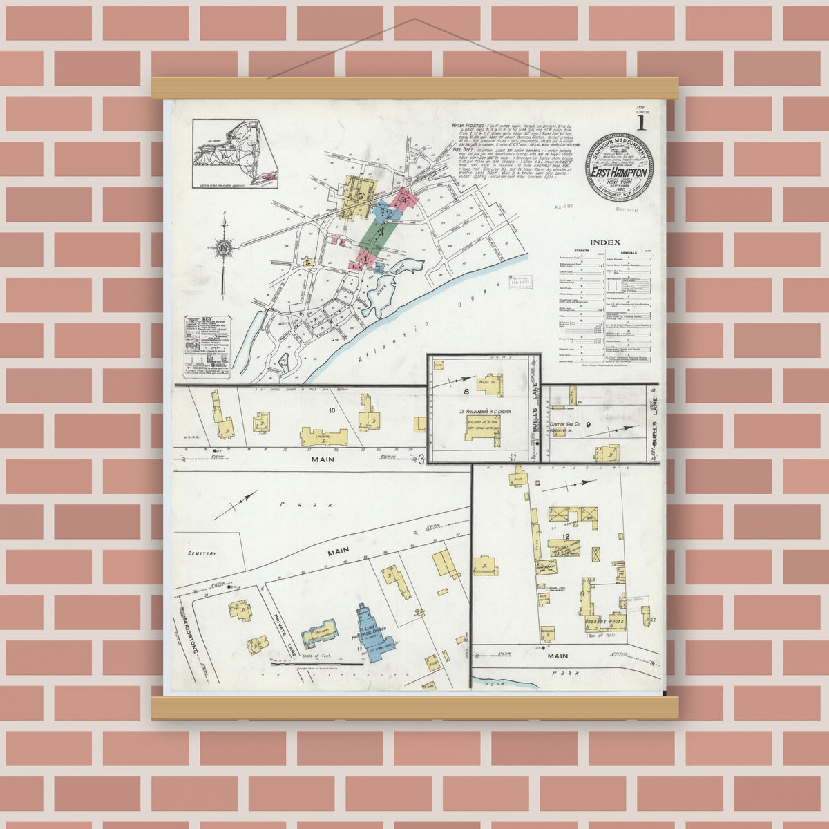 Old map wall art mockup — magnetic wood frame on brick wall — Sanborn Fire Insurance Map from Easthampton, Suffolk County, New York (1920) - Complete Map Set