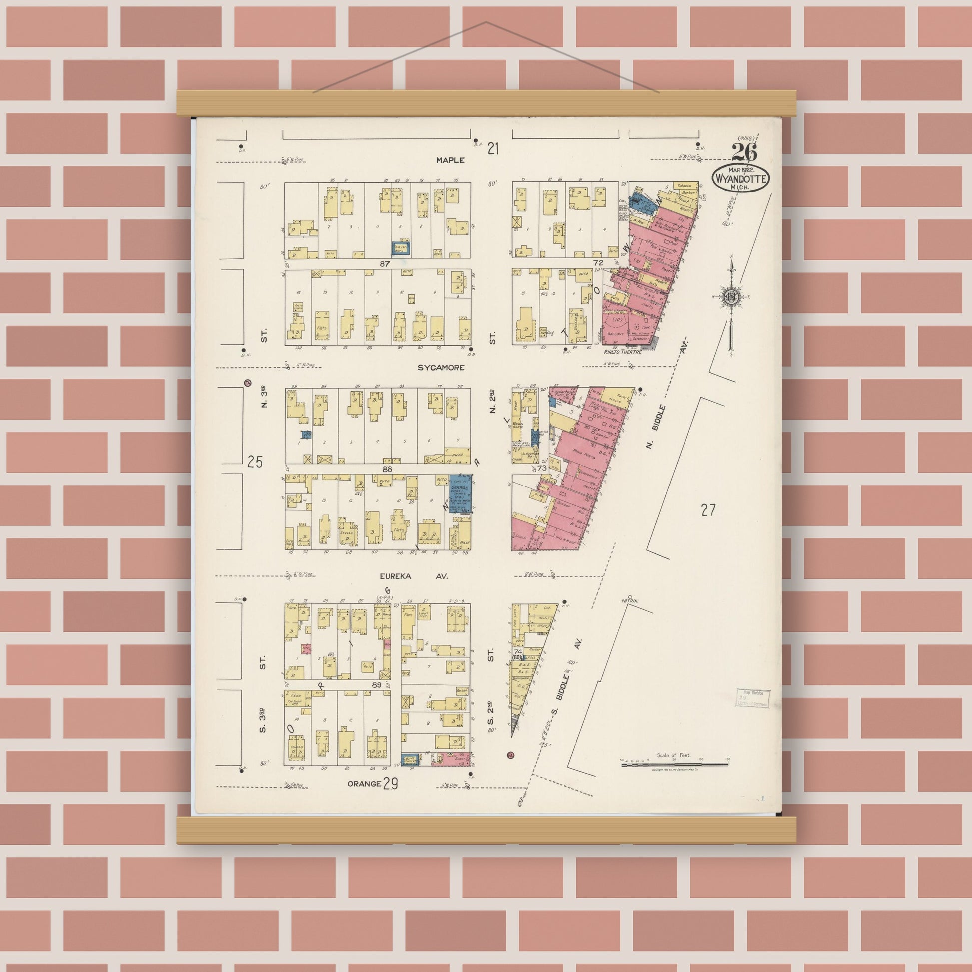Old map wall art mockup — magnetic wood frame on brick wall — Sanborn Fire Insurance Map from Wyandotte, Wayne County, Michigan (1922), Sheet #0026