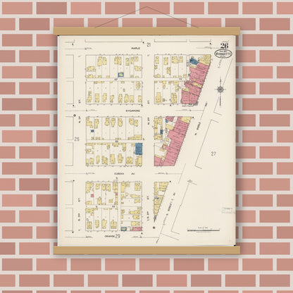 Old map wall art mockup — magnetic wood frame on brick wall — Sanborn Fire Insurance Map from Wyandotte, Wayne County, Michigan (1922), Sheet #0026
