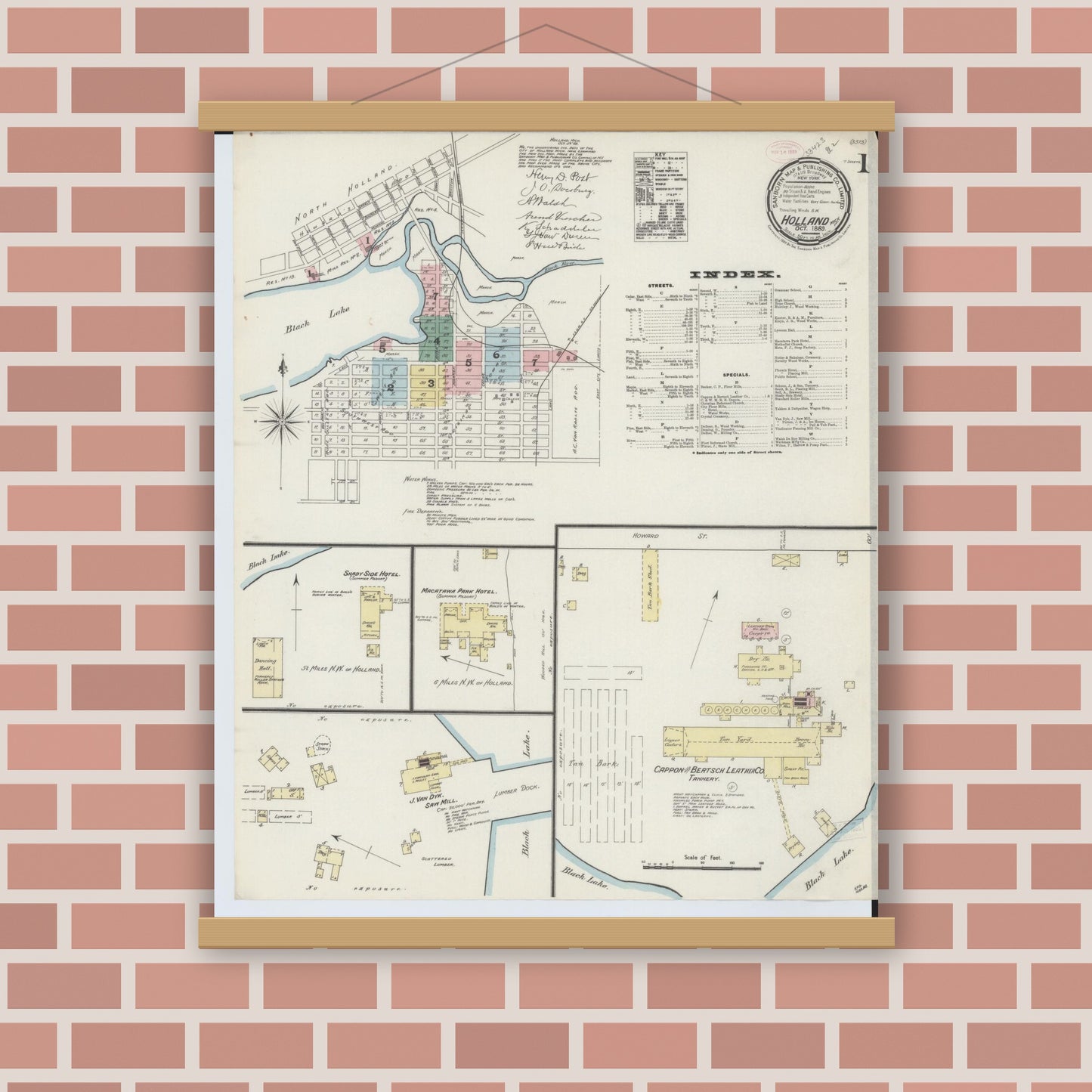 Old map wall art mockup — magnetic wood frame on brick wall — Sanborn Fire Insurance Map from Holland, Ottawa County, Michigan (1889) - Complete Map Set