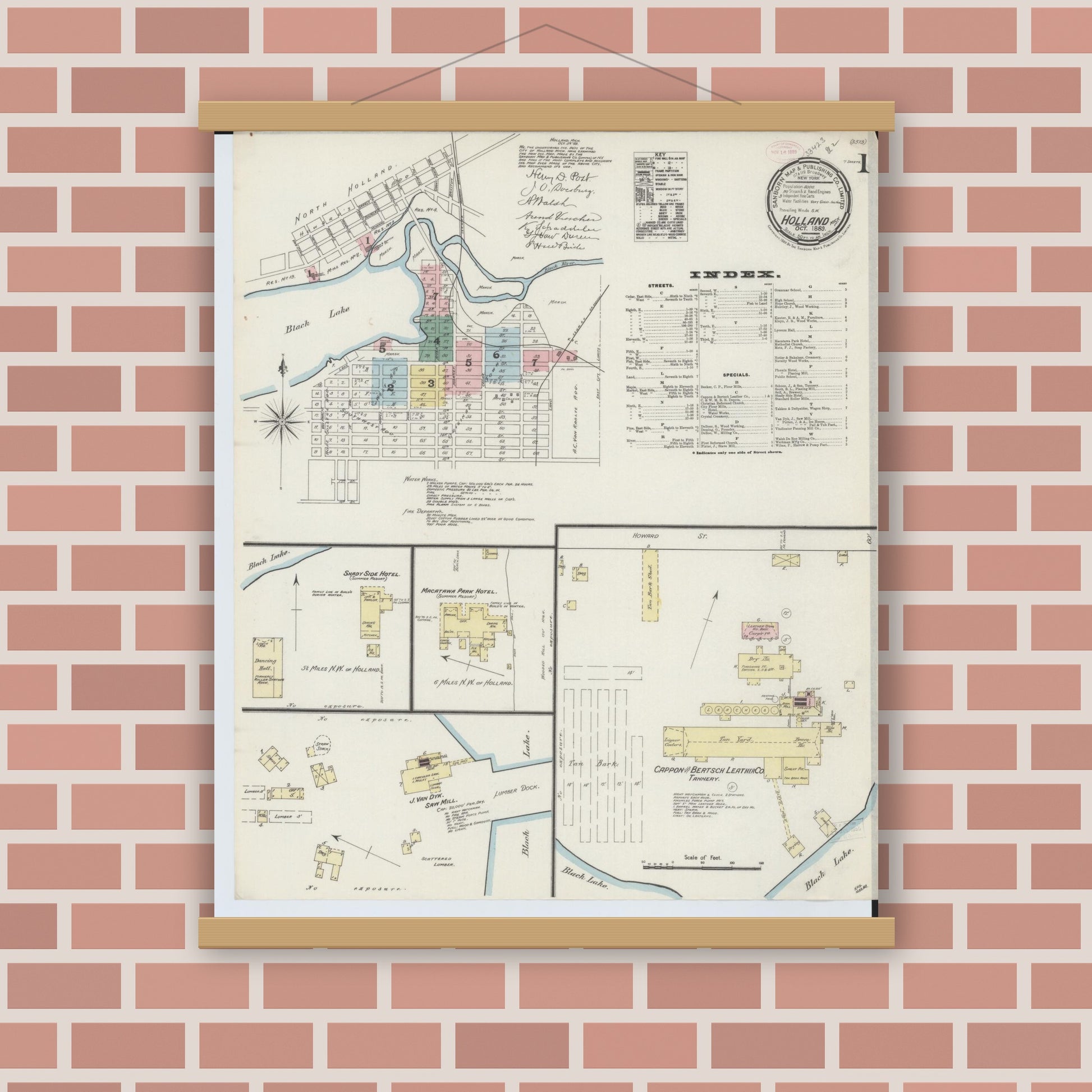 Old map wall art mockup — magnetic wood frame on brick wall — Sanborn Fire Insurance Map from Holland, Ottawa County, Michigan (1889) - Complete Map Set