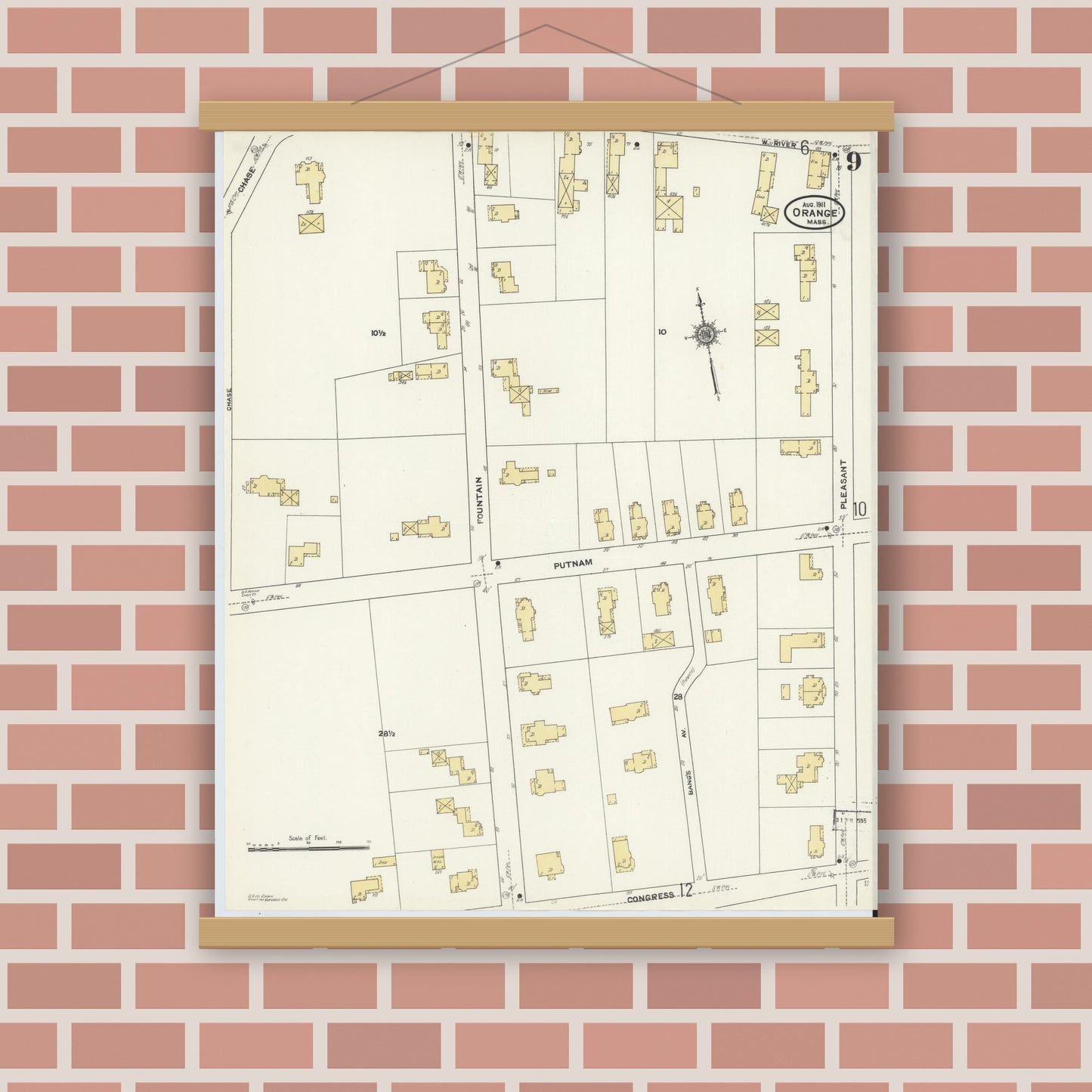 Old map wall art mockup — magnetic wood frame on brick wall — Sanborn Fire Insurance Map from Orange, Franklin County, Massachusetts (1911), Sheet #0009