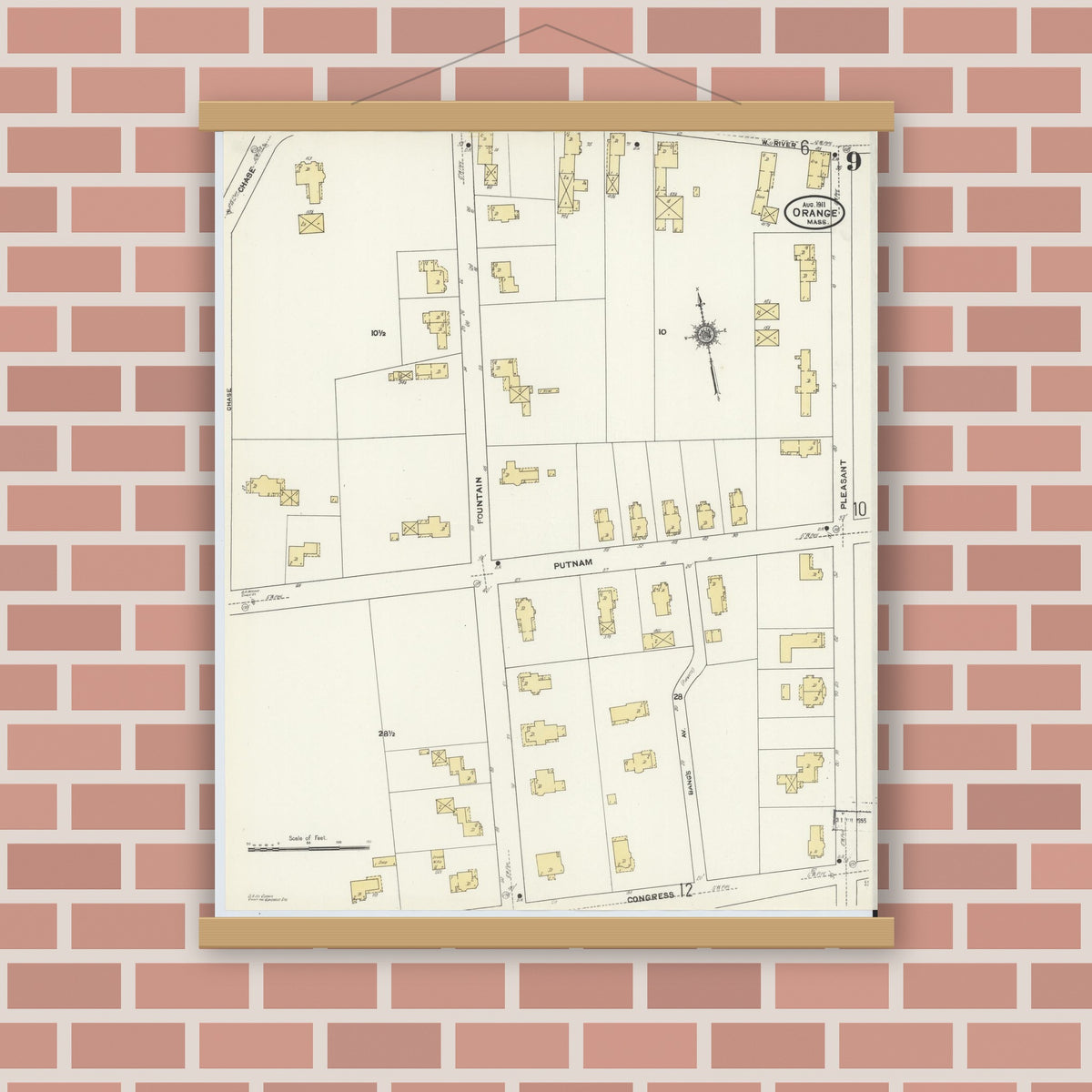 Old map wall art mockup — magnetic wood frame on brick wall — Sanborn Fire Insurance Map from Orange, Franklin County, Massachusetts (1911), Sheet #0009
