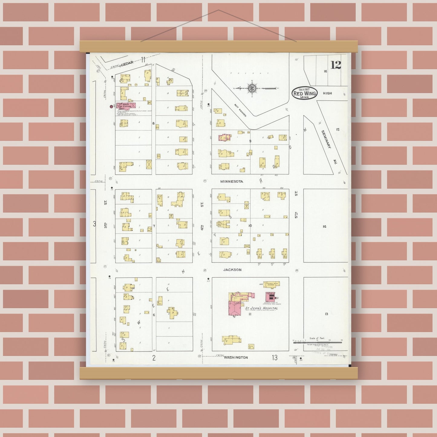 Old map wall art mockup — magnetic wood frame on brick wall — Sanborn Fire Insurance Map from Red Wing, Goodhue County, Minnesota (1917), Sheet #0012