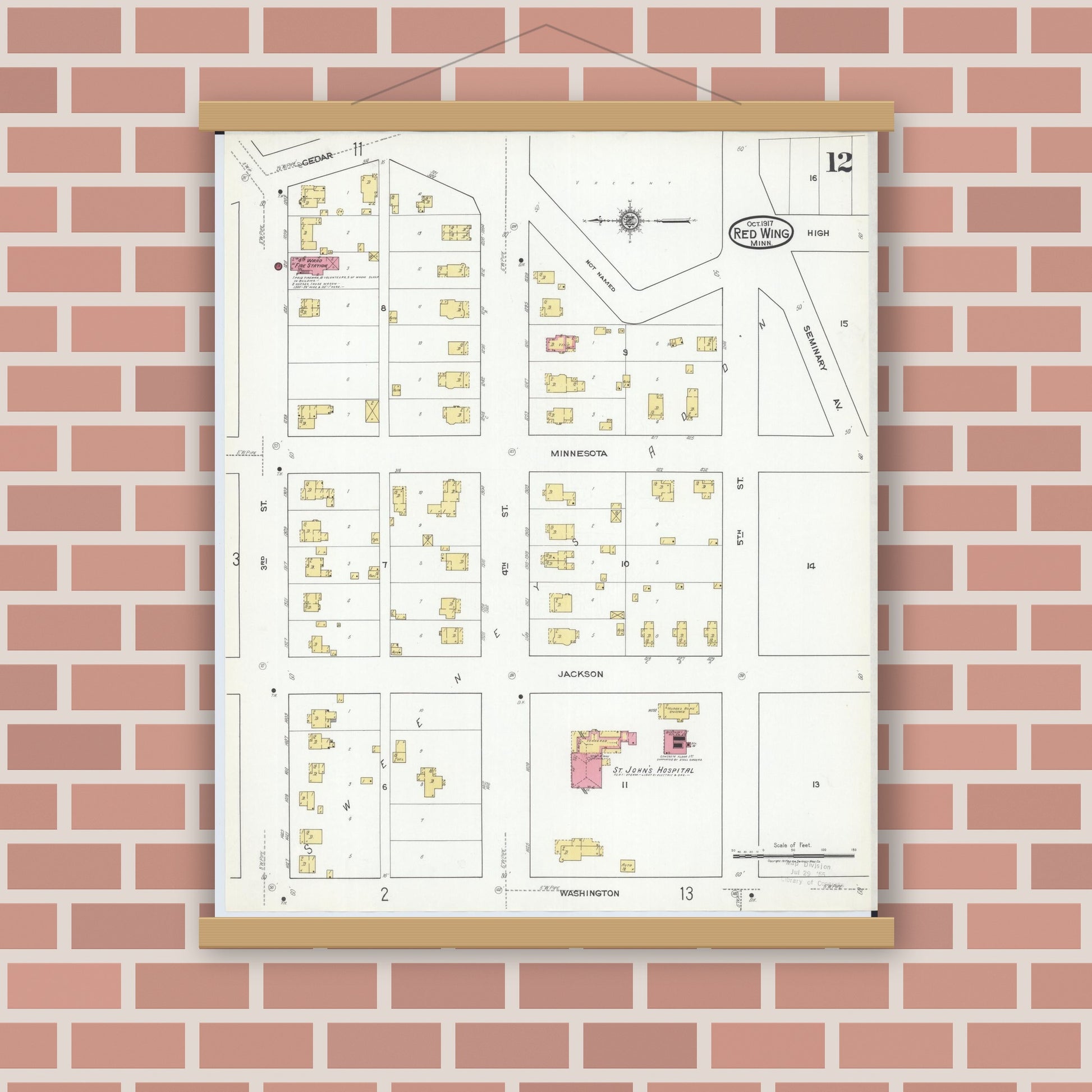 Old map wall art mockup — magnetic wood frame on brick wall — Sanborn Fire Insurance Map from Red Wing, Goodhue County, Minnesota (1917), Sheet #0012