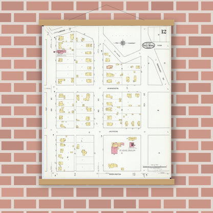 Old map wall art mockup — magnetic wood frame on brick wall — Sanborn Fire Insurance Map from Red Wing, Goodhue County, Minnesota (1917), Sheet #0012